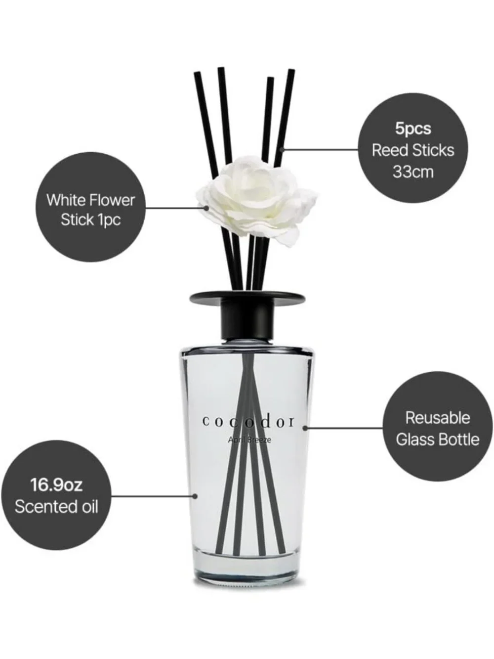 Large White Flower Reed Diffuser - Black Cherry Aromatherapy Oil Gift Set 16.9oz